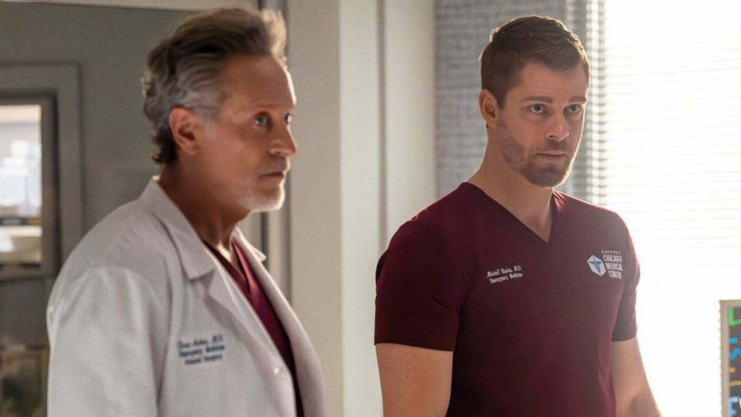 CHICAGO MED -- "Heaven Help Us" Episode 1121 -- Pictured: (l-r) Steven Weber as Dr. Dean Archer, Luke Mitchell as Dr. Mitch Ripley 