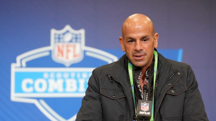 Feb 24, 2026; Indianapolis, IN, USA; Tennessee Titans coach Robert Saleh speaks at the NFL Scouting Combine at the Indiana Convention Center. Mandatory Credit: Kirby Lee-Imagn Images