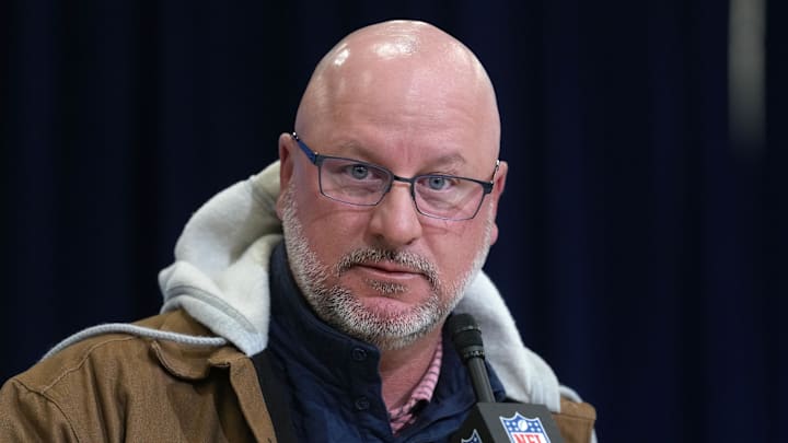 Feb 24, 2026; Indianapolis, IN, USA; Los Angeles Chargers general manager Joe Hortiz speaks at the NFL Scouting Combine at the Indiana Convention Center. Mandatory Credit: Kirby Lee-Imagn Images