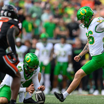 Sep 14, 2024; Corvallis, Oregon, USA; Oregon Ducks place kicker Atticus Sappington (36) kicks an extra point during the first quarter against the Oregon State Beavers at Reser Stadium. Mandatory Credit: Craig Strobeck-Imagn Images