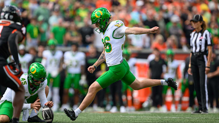 Sep 14, 2024; Corvallis, Oregon, USA; Oregon Ducks place kicker Atticus Sappington (36) kicks an extra point during the first quarter against the Oregon State Beavers at Reser Stadium. Mandatory Credit: Craig Strobeck-Imagn Images