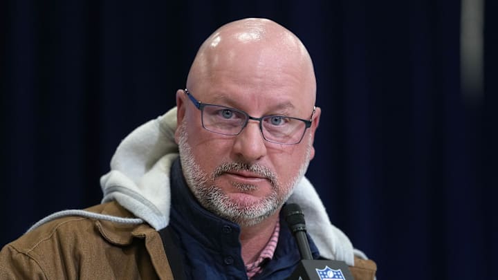 Feb 24, 2026; Indianapolis, IN, USA; Los Angeles Chargers general manager Joe Hortiz speaks at the NFL Scouting Combine at the Indiana Convention Center. Mandatory Credit: Kirby Lee-Imagn Images