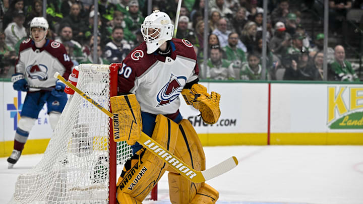 Mar 4, 2023; Dallas, Texas, USA; Colorado Avalanche goaltender Keith Kinkaid (30) in action during the game between the Dallas Stars and the Colorado Avalanche at the American Airlines Center. Mandatory Credit: Jerome Miron-Imagn Images