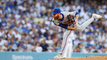 Jun 2, 2025; Los Angeles, California, USA; New York Mets Paul Blackburn (58) pitches during the first inning against the Los Angeles Dodgers at Dodger Stadium. Mandatory Credit: Jason Parkhurst-Imagn Images
