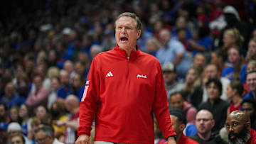 Nov 3, 2025; Lawrence, Kansas, USA; Kansas Jayhawks head coach Bill Self reacts during the first half against the Green Bay Phoenix at Allen Fieldhouse. Mandatory Credit: Jay Biggerstaff-Imagn Images