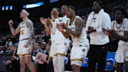 Mar 20, 2025; Wichita, KS, USA; Missouri Tigers bench reacts in the second half of a first round men’s NCAA Tournament game against the Drake Bulldogs at Intrust Bank Arena. Mandatory Credit: Kirby Lee-Imagn Images