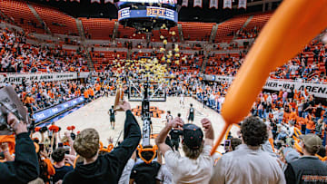 Feb 25, 2025; Stillwater, Oklahoma, USA; Oklahoma State Cowboys fans react at the end of the game against the Iowa State Cyclones at Gallagher-Iba Arena. Mandatory Credit: William Purnell-Imagn Images