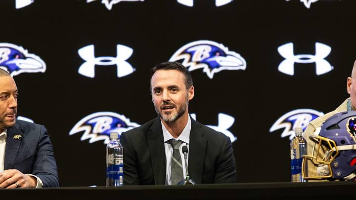 Jan 29, 2026; Owings Mills, MD, USA; Jesse Minter at press conference at Under Armour Performance Center. Mandatory Credit: Lexi Thompson-Imagn Images