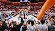 Feb 25, 2025; Stillwater, Oklahoma, USA; Oklahoma State Cowboys fans react at the end of the game against the Iowa State Cyclones at Gallagher-Iba Arena. Mandatory Credit: William Purnell-Imagn Images