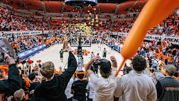 Feb 25, 2025; Stillwater, Oklahoma, USA; Oklahoma State Cowboys fans react at the end of the game against the Iowa State Cyclones at Gallagher-Iba Arena. Mandatory Credit: William Purnell-Imagn Images