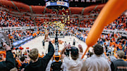 Feb 25, 2025; Stillwater, Oklahoma, USA; Oklahoma State Cowboys fans react at the end of the game against the Iowa State Cyclones at Gallagher-Iba Arena. Mandatory Credit: William Purnell-Imagn Images