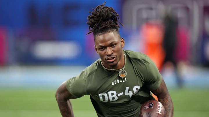 Mar 1, 2024; Indianapolis, IN, USA; Southern California defensive back Calen Bullock (DB48) works out during the 2024 NFL Combine at Lucas Oil Stadium. Mandatory Credit: Kirby Lee-USA TODAY Sports