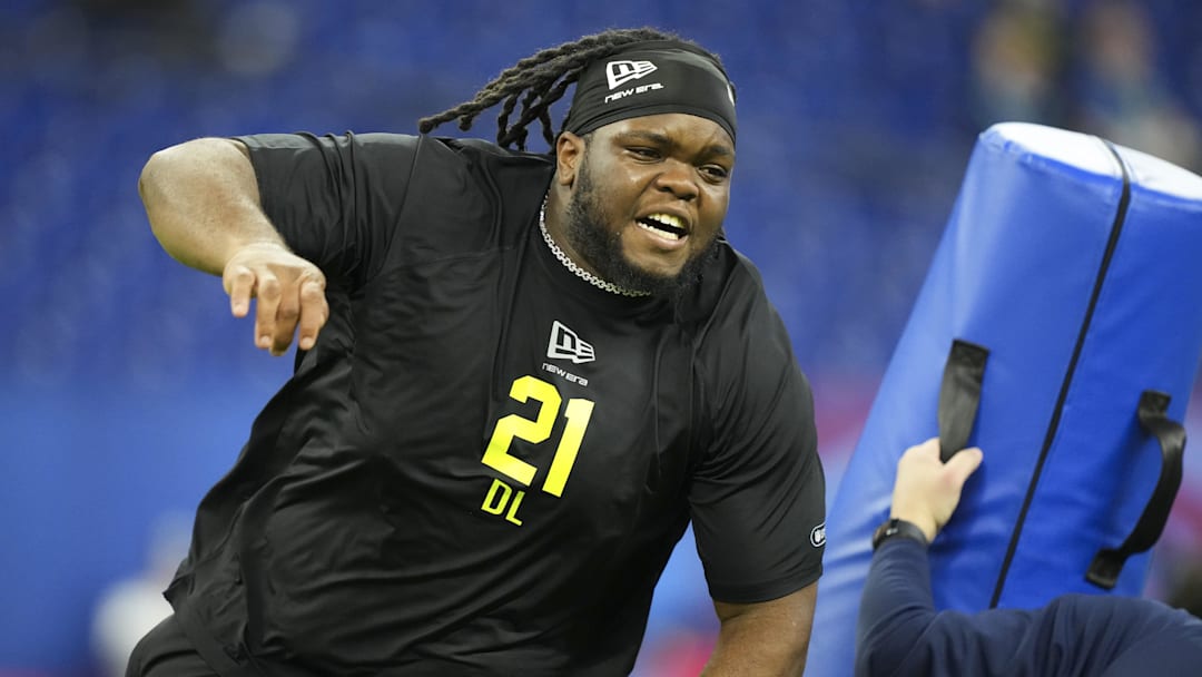 Feb 26, 2026; Indianapolis, IN, USA; Ohio State defensive lineman Kayden McDonald (DL21) during the NFL Scouting Combine  at Lucas Oil Stadium. Mandatory Credit: Kirby Lee-Imagn Images