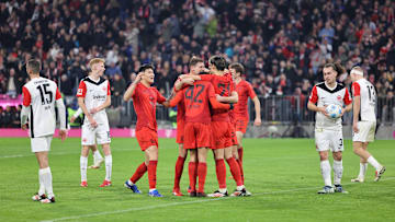 Bayern Munich players celebrating Jamal Musiala's goal against Eintracht Frankfurt.