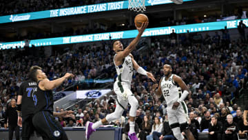 Feb 3, 2024; Dallas, Texas, USA; Milwaukee Bucks forward Giannis Antetokounmpo (34) drives to the