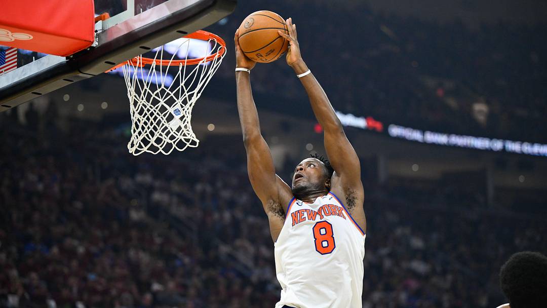May 23, 2026; Cleveland, Ohio, USA; New York Knicks forward OG Anunoby (8) dunks the ball in the third quarter against the Cleveland Cavaliers during game three of the eastern conference finals for the 2026 NBA playoffs at Rocket Arena. Mandatory Credit: David Richard-Imagn Images