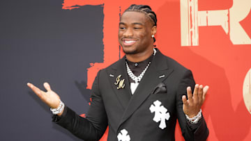 Apr 24, 2025; Green Bay, WI, USA; Alabama Crimson Tide quarterback Jalen Milroe on the red carpet before the 2025 NFL Draft at Lambeau Field. Mandatory Credit: Kirby Lee-Imagn Images