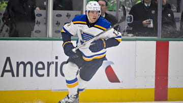 Mar 2, 2025; Dallas, Texas, USA; St. Louis Blues defenseman Cam Fowler (17) in action during the game between the Dallas Stars and the St. Louis Blues at the American Airlines Center. Mandatory Credit: Jerome Miron-Imagn Images