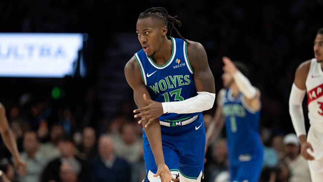 Oct 25, 2026; Minneapolis, Minnesota, USA;  Minnesota Timberwolves guard Ayo Dosunmu (13) celebrates. Mandatory Credit: Jesse Johnson-Imagn Images