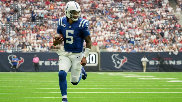 Indianapolis Colts quarterback Anthony Richardson (5) rushes in for a touchdown Sunday, Sept. 17, 2023, during a game against the Houston Texans at NRG Stadium in Houston