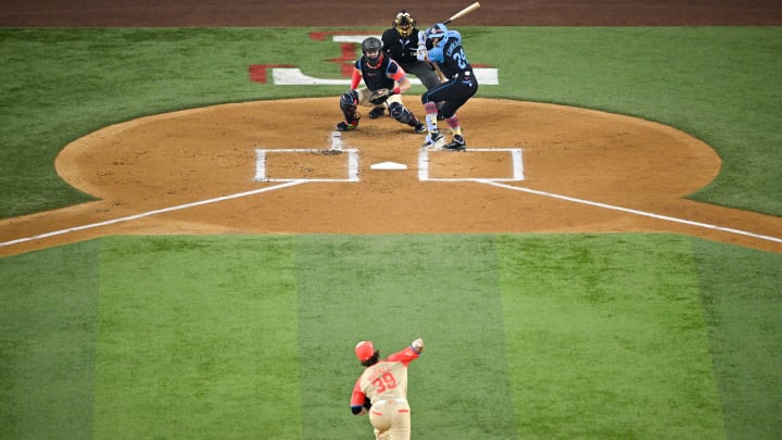 Jul 16, 2024; Arlington, Texas, USA; American League pitcher Corbin Burnes of the Baltimore Orioles (39) throws to National League catcher William Contreras of the Milwaukee Brewers (24) during the first inning of the 2024 MLB All-Star game at Globe Life Field. Mandatory Credit: Jerome Miron-USA TODAY Sports