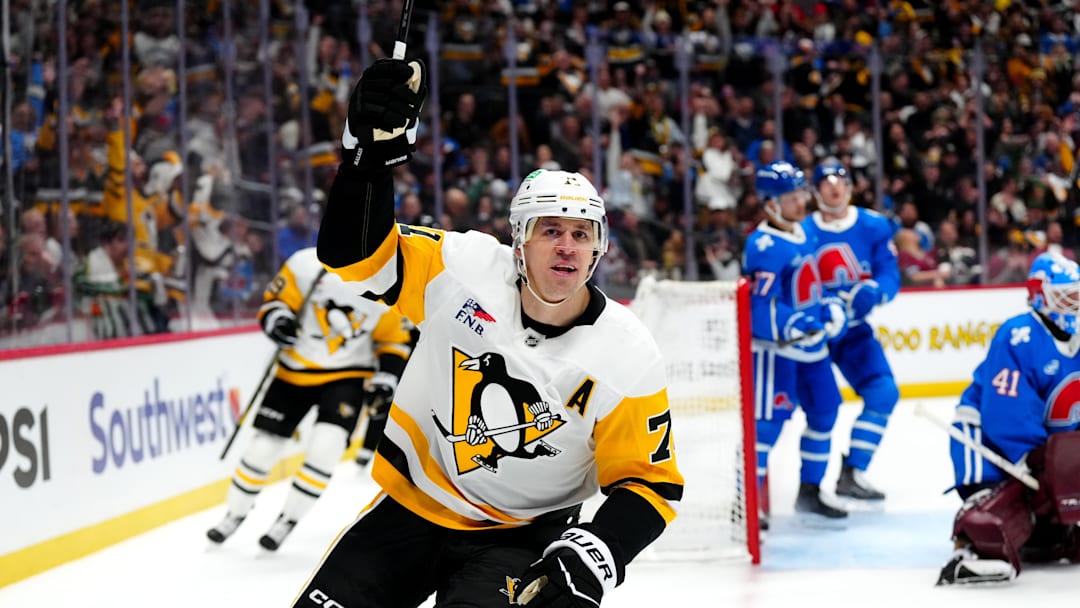 Mar 16, 2026; Denver, Colorado, USA; Pittsburgh Penguins center Evgeni Malkin (71) reacts after his goal in the first period against the Colorado Avalanche at Ball Arena. Mandatory Credit: Ron Chenoy-Imagn Images Mar 16, 2026; Denver, Colorado, USA; Pittsburgh Penguins center Evgeni Malkin (71) reacts after his goal in the first period against the Colorado Avalanche at Ball Arena. Mandatory Credit: Ron Chenoy-Imagn Images