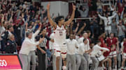 Mar 1, 2025; Stanford, California, USA;  Stanford Cardinal guard Ryan Agarwal (11) reacts with the crowd during the second half against the Southern Methodist Mustangs at Maples Pavilion. Mandatory Credit: Stan Szeto-Imagn Images