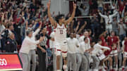 Mar 1, 2025; Stanford, California, USA;  Stanford Cardinal guard Ryan Agarwal (11) reacts with the crowd during the second half against the Southern Methodist Mustangs at Maples Pavilion. Mandatory Credit: Stan Szeto-Imagn Images