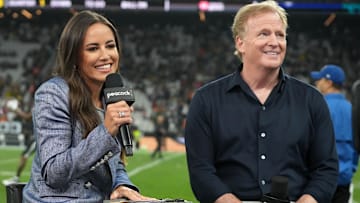 Peacock sideline reporter Kaylee Hartung interviews NFL commissioner Roger Goodell during  the 2024 NFL Sao Paolo Game