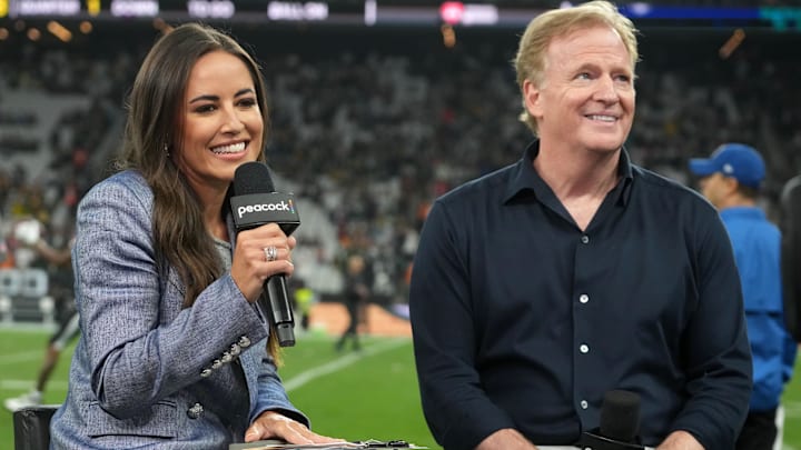 Peacock sideline reporter Kaylee Hartung interviews NFL commissioner Roger Goodell during  the 2024 NFL Sao Paolo Game