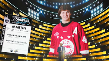 Jun 27, 2025; Los Angeles, California, USA; NHL Commissioner Gary Bettman announces Brady Martin is selected as the fifth overall pick to the Nashville Predators in the first round of the 2025 NHL Draft at Peacock Theater. Mandatory Credit: Kirby Lee-Imagn Images