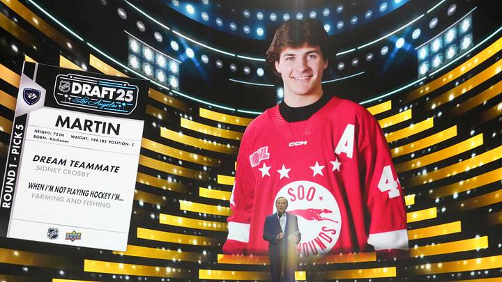 Jun 27, 2025; Los Angeles, California, USA; NHL Commissioner Gary Bettman announces Brady Martin is selected as the fifth overall pick to the Nashville Predators in the first round of the 2025 NHL Draft at Peacock Theater. Mandatory Credit: Kirby Lee-Imagn Images