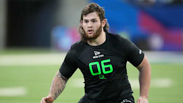 Mar 2, 2025; Indianapolis, IN, USA; Iowa offensive lineman Connor Colby (OL06) during the 2025 NFL Combine at Lucas Oil Stadium. Mandatory Credit: Kirby Lee-Imagn Images