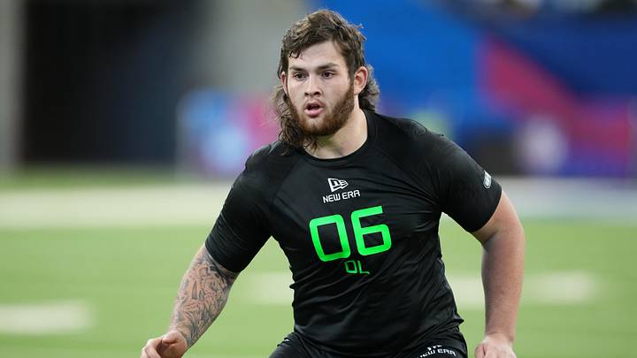 Mar 2, 2025; Indianapolis, IN, USA; Iowa offensive lineman Connor Colby (OL06) during the 2025 NFL Combine at Lucas Oil Stadium. Mandatory Credit: Kirby Lee-Imagn Images