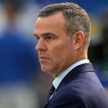 Dec 8, 2024; Inglewood, California, USA; Buffalo Bills general manager Brandon Beane reacts during the game.