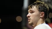 Dallas Mavericks forward Cooper Flagg (32) looks on against the Los Angeles Lakers in the fourth quarter of their game at Thomas & Mack Center on July 10.