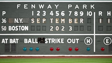 A detailed view of the green monster scoreboard before a game between the New York Yankees and the Boston Red Sox  at Fenway Park. 