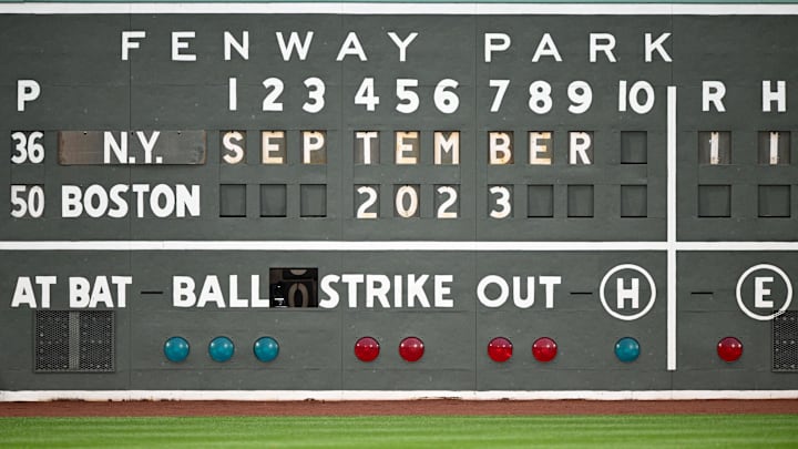 A detailed view of the green monster scoreboard before a game between the New York Yankees and the Boston Red Sox  at Fenway Park. 