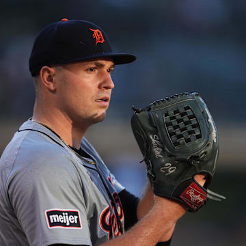 Detroit Tigers starting pitcher Tarik Skubal (29) warms up before the game against the Oakland Athletics at Oakland-Alameda County Coliseum on Sept 6.