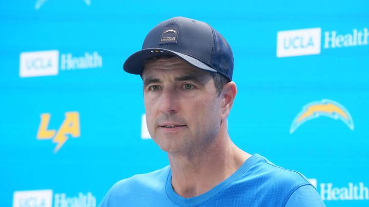 May 19, 2026; El Segundo, CA, USA; Los Angeles Chargers defensive line coach Mike Elston at press conference during offseason workouts at The Bolt. Mandatory Credit: Kirby Lee-Imagn Images