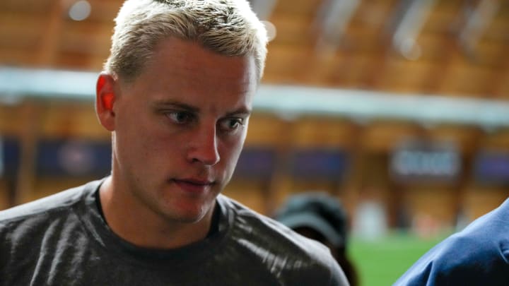 Cincinnati Bengals quarterback Joe Burrow (9) joins a post-practice press conference at the Chicago Bears Halas Hall practice facility in Lake Forest, Ill., on Thursday, Aug. 15, 2024.