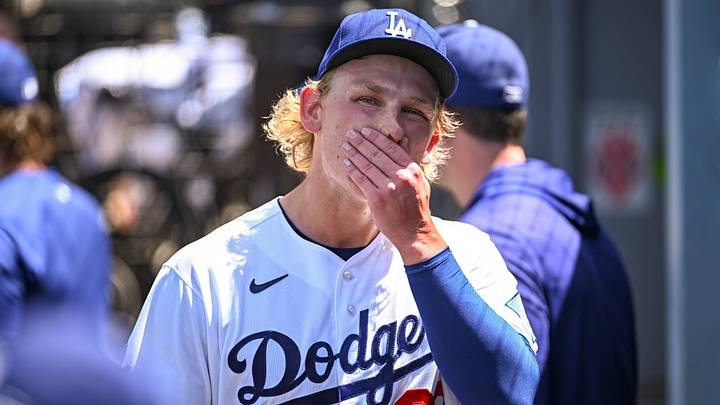 Jun 21, 2026; Los Angeles, California, USA; Los Angeles Dodgers starting pitcher Emmet Sheehan (80) reacts in the dugout after being relieved from the mound during fourth inning at Dodger Stadium. Mandatory Credit: Jonathan Hui-Imagn Images