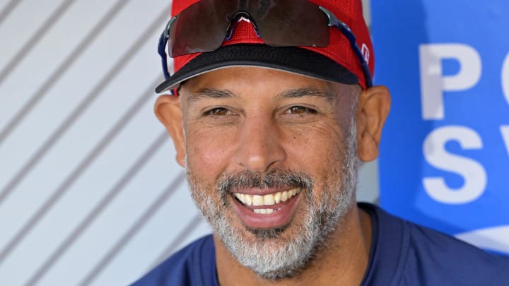 Apr 6, 2024; Anaheim, California, USA; Boston Red Sox manager Alex Cora (13) talks with the media prior to the game against the Los Angeles Angels at Angel Stadium