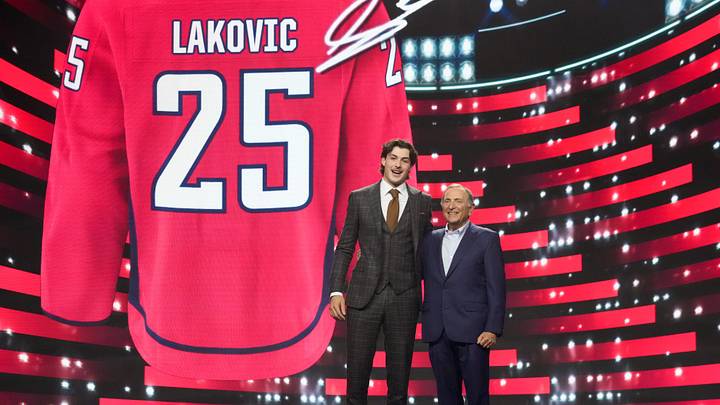 Jun 27, 2025; Los Angeles, California, USA; Lynden Lakovic is selected as the 27th overall pick to the Washington Capitals in the first round of the 2025 NHL Draft at Peacock Theater. Mandatory Credit: Kirby Lee-Imagn Images