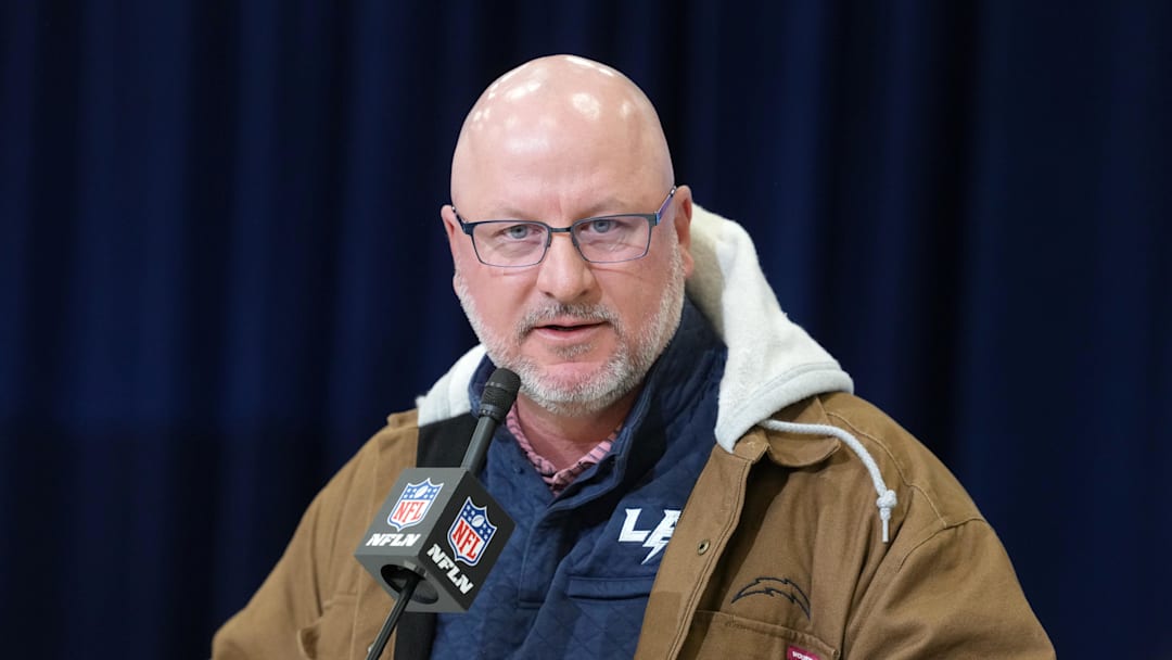 Feb 24, 2026; Indianapolis, IN, USA; Los Angeles Chargers general manager Joe Hortiz speaks at the NFL Scouting Combine at the Indiana Convention Center. Mandatory Credit: Kirby Lee-Imagn Images