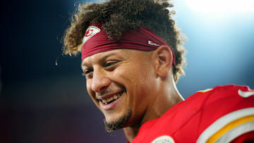 Kansas City Chiefs quarterback Patrick Mahomes (15) is interviewed after defeating the New Orleans Saints at GEHA Field at Arrowhead Stadium.