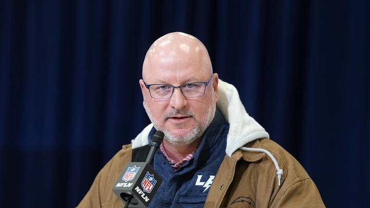 Feb 24, 2026; Indianapolis, IN, USA; Los Angeles Chargers general manager Joe Hortiz speaks at the NFL Scouting Combine at the Indiana Convention Center. Mandatory Credit: Kirby Lee-Imagn Images