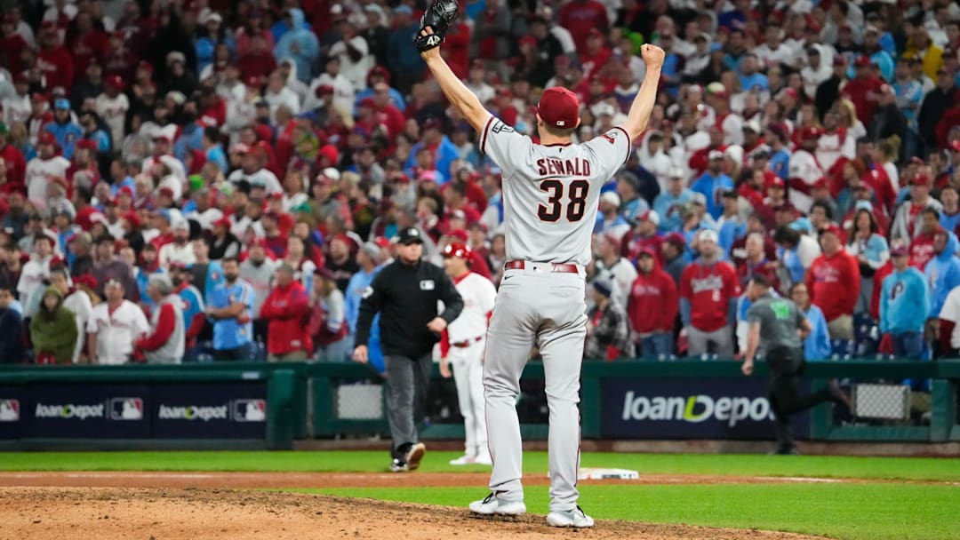 Arizona Diamondbacks relief pitcher Paul Sewald (38) reacts after defeating the Philadelphia Phillies in game seven of the NLCS at Citizens Bank Park in Philadelphia on Oct. 24, 2023.