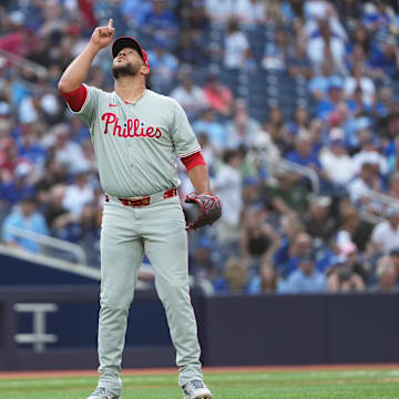 Sep 4, 2024; Toronto, Ontario, CAN; Philadelphia Phillies relief pitcher Carlos Estevez (53) celebrates the win against the Toronto Blue Jays at the end of the ninth inning at Rogers Centre. 