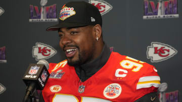 Feb 7, 2024; Las Vegas, NV, USA; Kansas City Chiefs defensive tackle Chris Jones (95) during a press conference before Super Bowl LVIII at Westin Lake Las Vegas Resort and Spa. Mandatory Credit: Kirby Lee-USA TODAY Sports